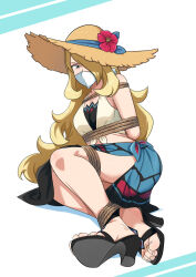 1girl bdsm bikini blonde_hair blue_sarong blush bondage bound breasts brown_hat cloth_gag commentary cynthia_(pokemon) cynthia_(summer_2025)_(pokemon) english_commentary gag gagged hair_over_one_eye hat highres improvised_gag long_hair looking_at_viewer lost_one_zero nintendo official_alternate_costume over_the_nose_gag pokemon pokemon_masters_ex sarong shirt solo straw_hat sun_hat swept_bangs swimsuit tied_shirt toenails toes very_long_hair
