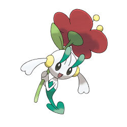 :d artist_request eyelashes floette floette_(red_flower) flower full_body gen_6_pokemon holding holding_flower nintendo official_art open_mouth pokemon pokemon_(creature) pokemon_focus pokemon_xy red_flower simple_background smile solo third-party_source white_background