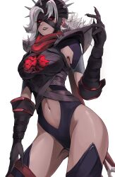 1girl absurdres armor bandaged_head bandages black_leotard black_sclera breasts clothing_cutout colored_sclera cowboy_shot fantastic_four grey_hair hand_up highleg highleg_leotard highres large_breasts leotard looking_at_viewer malice_(sue_storm) marvel marvel_rivals navel navel_cutout parted_lips pingfan_de_mao red_eyes shoulder_spikes solo spiked_armor spiked_helmet spiked_pauldrons spikes sue_storm teeth white_background