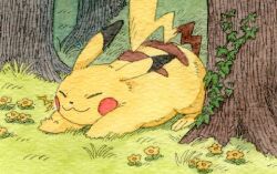 Rule 34 | :3, closed eyes, closed mouth, flower, gen 1 pokemon, grass, leaf, nintendo, nmanma, no humans, outdoors, pikachu, pokemon, pokemon (creature), pokemon focus, pokemon tcg, second-party source, smile, solo, stretching, tree, yellow flower