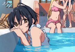 Rule 34 | 22/7, 3girls, bikini, black hair, blonde hair, brown eyes, casual one-piece swimsuit, character request, frilled bikini, frills, fujima sakura, long hair, looking at viewer, multiple girls, navel, official art, one-piece swimsuit, outdoors, partially submerged, pink bikini, pool, short shorts, shorts, sitting, solo focus, sunlight, swimsuit, takigawa miu, water, wet, white one-piece swimsuit