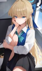 1girl absurdres alternate_costume aqua_neckerchief black_skirt black_socks blonde_hair blue_archive blue_bow blue_eyes blue_hair blue_sky blue_sweater_vest bow braid choppy_bangs collared_shirt commentary_request computer_keyboard cowboy_shot day expressionless hair_bow half_up_braid hand_on_own_face highres holding_own_arm indoors knee_up light_blush long_hair long_sleeves looking_at_viewer monitor mukana_meme multicolored_hair neckerchief official_alternate_hair_length official_alternate_hairstyle pleated_skirt school_uniform serafuku shirt sitting sitting_on_table skirt sky socks streaked_hair sun sweater_vest table toki_(blue_archive) very_long_hair white_shirt window