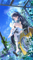 1girl absurdres apron aris_(blue_archive) aris_(maid)_(blue_archive) black_dress black_hair black_shoes blue_archive blue_eyes blue_halo closed_mouth commentary dress dressing geez halo highres holding holding_legwear holding_unworn_clothes looking_at_viewer maid maid_apron maid_headdress official_alternate_costume official_alternate_hairstyle ponytail shoes single_shoe sitting smile solo thighhighs unworn_thighhighs washing_machine white_apron white_thighhighs