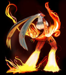 arugeri black_background blaziken dark epic fire from_behind furry gen_3_pokemon green_eyes looking_back monster nintendo pokemon pokemon_(creature) realistic solo