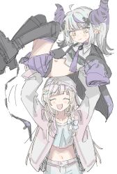 2girls ahoge bad_id bad_twitter_id black_boots black_jacket blonde_hair blush boots braid choker closed_eyes closed_mouth crescent crescent_hair_ornament cropped_shirt cross_hair_ornament demon_horns flat_chest grey_hair hair_ornament hat highres hololive horns jacket kazama_iroha kazama_iroha_(street) kirome_toru_2 knee_boots la+_darknesss la+_darknesss_(casual) lifting_person long_hair midriff multiple_girls navel necktie nervous_sweating official_alternate_costume official_alternate_hairstyle open_clothes open_jacket open_mouth pink_jacket pointy_ears purple_choker purple_horns purple_necktie purple_skirt shirt simple_background sketch skirt sleeves_past_fingers sleeves_past_wrists smile striped_horns sweat thighhighs virtual_youtuber white_background white_shirt yellow_eyes zettai_ryouiki