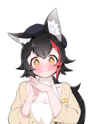 1girl animal_ear_fluff animal_ears beret black_hair blush brown_eyes closed_mouth halterneck hands_clasped_in_delight hands_up hat highres hololive kani_bonara long_hair looking_at_viewer low_ponytail multicolored_hair ookami_mio ookami_mio_(street) own_hands_together ponytail red_hair shirt simple_background smile solo streaked_hair sweater two-tone_hair upper_body virtual_youtuber white_background white_shirt wolf_ears wolf_girl