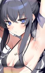 1girl absurdres armpits arms_up bikini black_bikini black_hair blue_archive blue_eyes blush breasts closed_mouth commentary_request crossed_bangs fuyukey highres jewelry long_hair looking_at_viewer necklace official_alternate_costume ponytail shadow sidelocks small_breasts solo sweat swimsuit ui_(blue_archive) ui_(swimsuit)_(blue_archive) upper_body