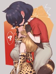 2girls ? animal_ears animal_print bad_id bad_twitter_id bare_shoulders belt black_gloves black_hair blonde_hair blouse blush bow bowtie commentary_request ear_blush elbow_gloves extra_ears gloves head_back high-waist_skirt highres imminent_kiss kaban_(kemono_friends) kemono_friends kiss kiss_day medium_hair multiple_girls notora print_gloves print_neckwear print_skirt profile red_shirt serval_(kemono_friends) serval_tail shirt short_hair short_sleeves shorts simple_background skirt sleeveless sleeveless_shirt spoken_question_mark sweat tail tail_wrap traditional_bowtie two-tone_bow two-tone_bowtie upside-down_kiss white_shirt white_shorts yuri