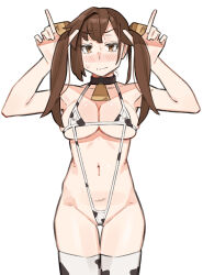 Rule 34 | 1girl, absurdres, animal print, bell, bikini, breasts, brown eyes, brown hair, cleavage, commentary request, covered erect nipples, cow print, cow print bikini, cow print thighhighs, groin, highres, horns pose, kotobuki hisako, long hair, looking at viewer, navel, neck bell, print bikini, print thighhighs, sattinittas, seitokai ni mo ana wa aru!, simple background, smile, solo, sweatdrop, swimsuit, tears, thighhighs, twintails, white background
