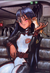 1girl :3 ^_^ akai_takami belt black_eyes blue_hair blush bodysuit bridal_gauntlets cat circlet closed_eyes cockpit couch diaho female_focus gem headpat highres indoors jewelry lafiel light long_hair military military_uniform official_art one_eye_closed pointy_ears seikai_no_senki sitting smile solo traditional_media turtleneck very_long_hair wink