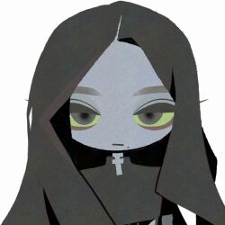 1girl aespa black_hair chibi chibi_only closed_mouth commentary eyelashes k-pop karina_(aespa) long_hair mole real_life simple_background solo upper_body white_background z_gvjz