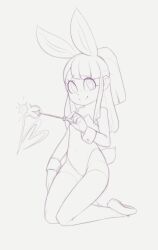 1girl arm_at_side bare_shoulders blunt_bangs closed_mouth covered_navel female_focus flat_chest full_body grey_background greyscale hand_up happy heart highres holding holding_wand kagari_atsuko kekitopu kemonomimi_mode kneeling leotard little_witch_academia long_hair looking_at_viewer magic monochrome playboy_bunny ponytail rabbit_ears rabbit_girl rabbit_tail raised_eyebrows shoes short_tail sidelocks simple_background sketch smile solo split_mouth strapless strapless_leotard tail thighhighs wand wide-eyed wrist_cuffs