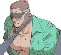 1boy bara bare_pectorals brown_hair clothes_grab collared_shirt commentary_request green_shirt large_pectorals long_sideburns male_focus necktie necktie_grab neckwear_grab nintendo pectorals pokemon pokemon_legends:_z-a rybiok shirt sideburns simple_background solo sunglasses vinnie_(pokemon)