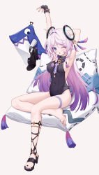 1girl :o absurdres aichinaigai arm_behind_head armpits arms_up bare_legs black_gloves black_leotard black_nails black_sandals blue_eyes braid breasts citlali_(genshin_impact) commentary_request covered_navel facial_mark feet fingerless_gloves floating_headgear forehead_mark genshin_impact gloves gradient_hair headgear highres large_breasts leotard long_hair looking_at_viewer low_twin_braids multicolored_hair nail_polish one_eye_closed pink_hair pink_pupils pose_request purple_hair ribbed_leotard sandals sideboob sideless_leotard single_bare_foot sitting solo toenail_polish toenails toes triangle triangle_facial_mark twin_braids very_long_hair