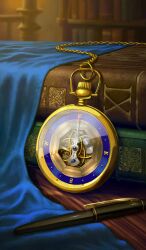 book chain commentary compass fate/grand_order fate/zero fate_(series) gold_chain lasengle no_humans object_focus official_art pen roman_numeral third-party_source