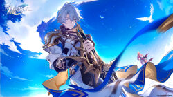2boys antenna_hair arm_tattoo armlet armor back_tattoo bird black_choker black_coat black_shirt blonde_hair blue_cape blue_eyes blue_sky cape choker coat commentary copyright_name dove english_commentary from_below game_cg gradient_hair highres honkai:_star_rail honkai_(series) jewelry male_focus multicolored_hair multiple_boys mydei_(honkai:_star_rail) official_art open_clothes open_coat parted_bangs pauldrons phainon_(honkai:_star_rail) red_cape red_hair red_tattoo shirt short_hair shoulder_armor single_pauldron sky tattoo white_coat white_hair