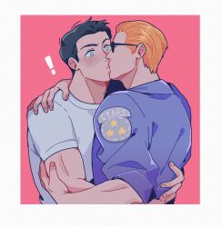 Rule 34 | !, 2boys, absurdres, adam&#039;s apple, albert wesker, arm around shoulder, black hair, blonde hair, blue shirt, border, chinese commentary, chris redfield, closed mouth, commentary request, couple, crew neck, cropped torso, green eyes, hair slicked back, hand on another&#039;s arm, hand on another&#039;s back, highres, kiss, looking at another, male focus, multiple boys, oooyinghu, resident evil, s.t.a.r.s. uniform, shirt, sleeves rolled up, sunglasses, t-shirt, white border, white shirt, yaoi