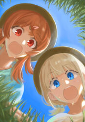 2girls :o absurdres amepa beads blue_shirt blue_sky commentary day from_below grass hair_beads hair_flaps hair_ornament hairclip hat highres idolmaster idolmaster_shiny_colors komiya_kaho light_blush looking_at_viewer medium_hair multiple_girls open_mouth outdoors red_hair serizawa_asahi shirt short_twintails sky sweat twintails white_hair white_shirt