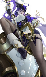 1girl aiming antique_firearm artist_name ascot black_corset black_pantyhose breasts clorinde_(genshin_impact) commentary_request corset dress_shirt earrings epaulettes firearm fold-over_gloves framed_breasts from_below genshin_impact gun hair_lift hat hat_feather high_heels highres holding holding_gun holding_sword holding_weapon jewelry large_breasts long_hair mr_goblin pantyhose pencil_skirt purple_ascot purple_eyes purple_hair robot scissorhold shirt skirt sparks stab sword taut_clothes taut_shirt thigh_strap thighs tricorne weapon white_hair