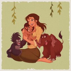 2boys 2girls bara black_hair brown_hair dark-skinned_male dark_skin dress elephant highres jane_porter long_hair mizala monkey multiple_boys multiple_girls open_mouth short_hair smile tantor_(disney) tarzan_(disney) tarzan_(disney_movie) terk_(tarzan)