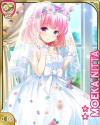 1girl bow breasts card character_name closed_mouth cuffs dress earrings female_focus flower head_wreath indoors jewelry large_breasts nitta_moeka official_art pink_hair purple_eyes qp:flapper rose short_hair smile solo standing tagme veil wedding_dress white_bow window