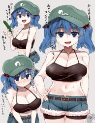 1girl belt black_shirt blue_eyes blue_hair blush breasts brown_belt commentary_request cucumber denim green_hat hair_bobbles hair_ornament hand_on_own_hip hat holding holding_wrench jeans kawashiro_nitori key large_breasts looking_at_viewer navel open_mouth pants shirt short_hair smile solo sweat sweatdrop touhou translation_request twintails two_side_up white_background wrench zetsumame