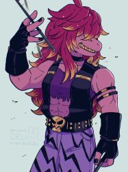 1girl abs belt black_gloves blue_background colored_skin commentary deltarune english_commentary gloves highres long_hair muscular muscular_female oru_(0ruru_0ru95) pants pink_skin purple_pants reptile_girl sharp_teeth simple_background solo susie_(deltarune) teeth