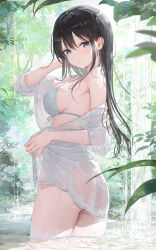 1girl arm_behind_head ass black_hair bottomless breasts floating_hair fuumi_(radial_engine) grey_eyes hair_between_eyes hand_up highres long_hair long_sleeves original outdoors parted_lips sideboob solo standing water wet wet_clothes wet_hair