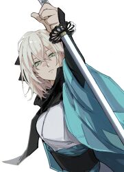 1girl black_ribbon black_scarf blonde_hair commentary_request fate/grand_order fate_(series) hair_between_eyes hair_ribbon haori hashtag-only_commentary highres holding holding_sword holding_weapon japanese_clothes katana ki_wa001 kimono koha-ace looking_at_viewer okita_souji_(fate) okita_souji_(koha-ace) ribbon scarf shinsengumi short_hair simple_background solo sword weapon white_background white_kimono wide_sleeves