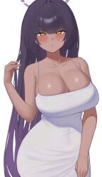 1girl absurdres bare_shoulders blue_archive blunt_bangs blush breasts cleavage collarbone commentary covered_navel curvy dark-skinned_female dark_skin dress earrings furrowed_brow gradient_hair grey_dress halo highres huge_breasts jewelry karin_(blue_archive) large_breasts light_smile long_hair looking_at_viewer multicolored_hair orange_eyes playing_with_own_hair purple_hair purple_halo sleeveless sleeveless_dress solo spaghetti_strap syahrul4567 very_long_hair white_background wide_hips