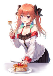 1girl alternate_costume black_skirt detached_sleeves food fork holding holding_fork holding_knife hololive hololive_english knife leaning_forward long_sleeves looking_at_viewer open_mouth orange_hair pancake pancake_stack pink_eyes plate sebu_illust shirt skirt smile solo standing syrup takanashi_kiara twintails virtual_youtuber white_shirt
