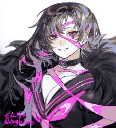 1girl binah_(project_moon) black_choker black_eyes black_hair black_sailor_collar bngb_love choker e.g.o_(project_moon) earrings fur_trim jewelry library_of_ruina limbus_company long_hair looking_at_viewer mole mole_under_eye multicolored_hair pink_eyes pink_hair pink_ribbon project_moon ribbon roseate_desire_(e.g.o) sailor_collar simple_background smile solo upper_body white_background