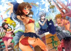 1boy 3girls amy_(suisei_no_gargantia) ass bikini breasts butt_crack cleavage highres ledo_(suisei_no_gargantia) matsuzaki_miyuki melty_(suisei_no_gargantia) multiple_girls open_clothes open_shirt saaya_(suisei_no_gargantia) school_swimsuit school_uniform suisei_no_gargantia swimsuit wet wet_clothes