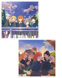 5girls arashi_chisato arm_up artbook black_hair blonde_hair blue_eyes blue_jacket cloud cloudy_sky double_bun dress green_eyes grey_dress grey_hair hair_bun hairband hazuki_ren heanna_sumire high_ponytail highres jacket long_hair looking_at_viewer love_live! love_live!_superstar!! multiple_girls neck_ribbon non-web_source open_clothes open_jacket open_mouth orange_hair orange_hairband outdoors pinafore_dress ponytail purple_eyes purple_hair red_eyes red_ribbon ribbon school_uniform shibuya_kanon shirt sky sleeveless sleeveless_dress smile tang_keke thighhighs twintails white_hair yellow_eyes yuigaoka_school_uniform