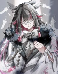 1girl absurdres ayateru_(ayaki_geme) black_hair bow bowtie closed_eyes coat columbina_(genshin_impact) eye_mask feathered_wings feathers fur-trimmed_coat fur_trim genshin_impact grey_background hair_ornament hand_up head_wings highres lapels long_hair long_sleeves multicolored_hair open_mouth pink_hair shirt sidelocks signature simple_background smile solo stage_lights two-tone_hair upper_body white_bow white_bowtie white_coat white_shirt wings x_hair_ornament