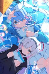 2girls absurdres arona_(blue_archive) black_choker black_eyes black_hairband black_serafuku blue_archive blue_eyes blue_hair blush braid choker closed_mouth colored_inner_hair commentary hair_between_eyes hair_ornament hair_over_one_eye hairband halo highres jacket long_hair long_sleeves looking_at_viewer lying multicolored_hair multiple_girls nana01_art on_back pink_hair plana_(blue_archive) red_halo sailor_collar school_uniform serafuku shirt short_hair single_braid skirt umbrella white_hair white_hairband white_skirt x_hair_ornament