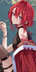 1girl ange_katrina ange_katrina_(7th_costume) bare_shoulders black_shirt blue_eyes bracelet brown_thighhighs expressionless from_side hair_bun hair_ornament hand_up highres holding holding_removed_eyewear jacket jewelry leg_up looking_at_viewer looking_to_the_side medium_hair nijisanji off_shoulder red_hair red_jacket shirt shoulder_tattoo single_hair_bun sleeveless sleeveless_shirt solo tattoo thigh_strap thighhighs thighs unworn_eyewear virtual_youtuber x_hair_ornament yugaa