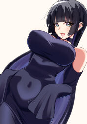 1girl :d aqua_eyes barbell_piercing bigthirteen0301 black_choker black_dress black_hair blunt_bangs blush bocchi_the_rock! breasts chin_piercing choker colored_inner_hair curvy detached_sleeves dress ear_piercing face_piercing goth_fashion highres hime_cut industrial_piercing jewelry labret_piercing large_breasts long_hair long_sleeves looking_at_viewer mouth_piercing multicolored_hair open_mouth pa-san piercing purple_hair simple_background sleeves_past_fingers sleeves_past_wrists smile solo straight_hair strapless strapless_dress two-tone_hair very_long_hair white_background