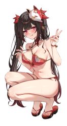 Rule 34 | 1girl, :q, absurdres, adapted costume, armpit crease, bare legs, bare shoulders, bikini, bikini top pull, black choker, blush, breasts, brown hair, choker, circle facial mark, closed mouth, collarbone, commentary request, fingernails, flower tattoo, fox mask, full body, hair between eyes, hair ribbon, hand up, highres, hizuki higure, honkai: star rail, honkai (series), legs, long hair, looking at viewer, mark under both eyes, mask, mask on head, medium breasts, multicolored hair, nail polish, navel, pink eyes, red bikini, red nails, red ribbon, ribbon, sandals, shoulder tattoo, simple background, smile, solo, sparkle (honkai: star rail), squatting, stomach, strap lift, streaked hair, sweat, swimsuit, tattoo, thighs, toenails, toes, tongue, tongue out, twintails, v, very long hair, white background