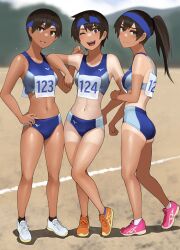 3girls ;d ankle_socks ass black_eyes black_hair black_socks blue_buruma blue_headband blue_socks breasts buruma closed_mouth commentary_request dark_skin female_focus full_body hand_on_own_hip headband kuronami_(lvi) legs looking_at_viewer lvi medium_breasts multiple_girls murasame_(lvi) navel one-piece_tan one_eye_closed open_mouth orange_shoes original outdoors pink_shoes ponytail race_bib shoes short_hair smile sneakers socks sports_bikini sports_bra sportswear standing sweat tan tanline teeth tomboy track_and_field track_uniform upper_teeth_only white_footwear white_socks