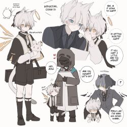 1other 3boys ? ^_^ adnachiel_(arknights) aged_down animal_ears arene_(arknights) arene_(dangerous_invitation)_(arknights) arknights ascot black_ascot black_capelet black_gloves black_hair black_necktie black_shoes black_shorts black_skirt black_veil black_vest blue_eyes capelet cat_boy cat_ears cat_tail chibi choshanland_plushy_(arknights) closed_eyes coat commentary doctor_(arknights) doll english_commentary english_text flailing fox_ears gloves green_eyes grey_hair grey_jacket grey_shirt halo headpat heart highres holding holding_doll hood hooded_jacket jacket lab_coat legwear_garter long_sleeves mask multiple_boys necktie pinstripe_pattern pinstripe_shirt pushu shirt shoes shorts simple_background skirt speech_bubble steward_(arknights) steward_(snowstorm_invitation)_(arknights) tail tail_around_another&#039;s_leg tail_wrap thought_bubble tilted_halo traditional_halo veil vest whispering white_background white_coat wings