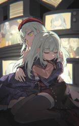 2girls arm_around_waist backlighting bang_dream! bang_dream!_it&#039;s_mygo!!!!! beret black_socks choker closed_eyes closed_mouth crt dress dual_persona frilled_choker frills green_hair hat highres hug light_particles long_hair long_sleeves mortis_(bang_dream!) mortis_(costume)_(bang_dream!) multiple_girls mutsumi/mortis_headspace purple_dress qianyewuli red_hat red_shoes see-through_clothes see-through_sleeves shoes shorts socks television wakaba_mutsumi yellow_eyes
