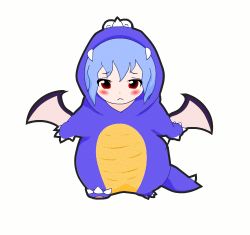 1girl :&lt; animated animated_gif blue_hair blush costume crossover female_focus hamster_dance lowres mario_(series) nintendo parody re_ghotion red_eyes remilia_scarlet rex_(mario) simple_background solo super_mario_world touhou tyrannosaurus_rex wings