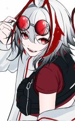 1girl antenna_hair arknights arm_up commentary_request corrupted_twitter_file eyewear_on_head fingernails gradient_hair grey_hair hair_between_eyes highres looking_at_viewer multicolored_hair myb52 nail_polish open_mouth red-tinted_eyewear red_eyes red_hair red_nails round_eyewear simple_background smile solo streaked_hair tinted_eyewear turning_head upper_body w_(arknights) white_background white_hair