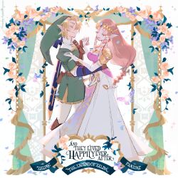 1boy 1girl armor belt blonde_hair blue_gemstone boots breasts brown_boots brown_hair circlet closed_eyes couple dress earrings elbow_gloves english_text full_body gem gloves green_hat green_tunic hair_ribbon hand_on_another&#039;s_shoulder hand_on_another&#039;s_waist hat headpiece hetero highres holding_hands jewelry layered_clothes link long_dress long_hair low-braided_long_hair low-tied_long_hair manodemarina medium_breasts nintendo pants parted_lips phrygian_cap pointy_ears princess_zelda ribbon scabbard sheath short_hair shoulder_armor shoulder_belt the_legend_of_zelda the_legend_of_zelda:_twilight_princess tunic white_gloves white_pants white_ribbon