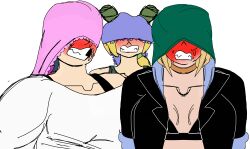 3girls absurdres atomic_wedgie bad_tag bare_shoulders black_survival blonde_hair blue_hair blue_panties blush breasts bun_with_braided_base cone_hair_bun covered_eyes double_bun eternal_return:_black_survival green_hair green_lips green_panties gym hair_bun hart_floyd highres jojo_no_kimyou_na_bouken jolynecujohwedgie kuujou_jolyne me_and_the_boys_(meme) meme multicolored_hair multiple_girls non-web_source object_on_head official_alternate_costume panties panties_on_head panty_mask pink_panties ponytail self-upload short_hair silvia_piquet smile steam stone_ocean third-party_edit transparent_background two-tone_hair underwear underwear_on_head wedgie