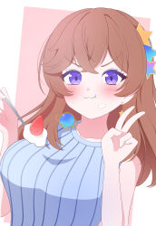:t absurdres blush brown_hair character_request collarbone commentary copyright_request cream cream_on_face earrings eating food food_on_face fortysansan fruit hair_ornament highres holding holding_spoon jewelry long_hair looking_at_viewer nose planet_earrings purple_eyes spoon star_(symbol) star_earrings star_hair_ornament strawberry v