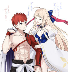 1boy 1girl abs ahoge artoria_caster_(fate) artoria_caster_(swimsuit_berserker)_(fate) artoria_caster_(swimsuit_berserker)_(third_ascension)_(fate) artoria_pendragon_(fate) blonde_hair blue_one-piece_swimsuit bow breasts cape cleavage closed_eyes commentary_request detached_sleeves emiya_shirou fate/grand_order fate_(series) hair_bow highres holding holding_unworn_cape holding_unworn_clothes long_hair medium_breasts one-piece_swimsuit open_mouth pectorals red_hair senji_muramasa_(fate) single_detached_sleeve smile strapless strapless_one-piece_swimsuit suzuakks sweatdrop swimsuit toned toned_male translation_request unworn_cape very_long_hair wide_sleeves wristband yellow_eyes