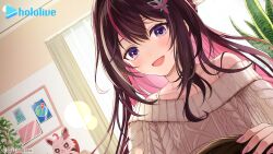 1girl 1other asmr azki_(hololive) blush brown_hair brown_sweater colored_inner_hair copyright_name copyright_notice dutch_angle headpat highres hololive indoors key_visual long_hair looking_at_viewer multicolored_hair nail_polish official_art open_mouth pink_hair pink_nails pioneer_(azki) promotional_art purple_eyes sidelocks smile solo_focus sweater upper_body virtual_youtuber