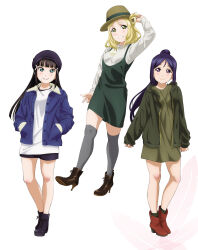 3girls aqua_eyes artbook black_hair black_shorts blonde_hair blue_hair blue_jacket blunt_bangs blush boots dress green_dress grin hand_in_own_hair hands_in_pockets hat high_heel_boots high_heels highres hood jacket kurosawa_dia long_hair long_sleeves looking_at_viewer love_live! love_live!_sunshine!! matsuura_kanan mole mole_under_mouth multiple_girls non-web_source official_art ohara_mari open_clothes open_jacket ponytail purple_eyes shirt short_dress shorts simple_background sleeveless sleeveless_dress smile standing sweater thighhighs white_background white_shirt yellow_eyes